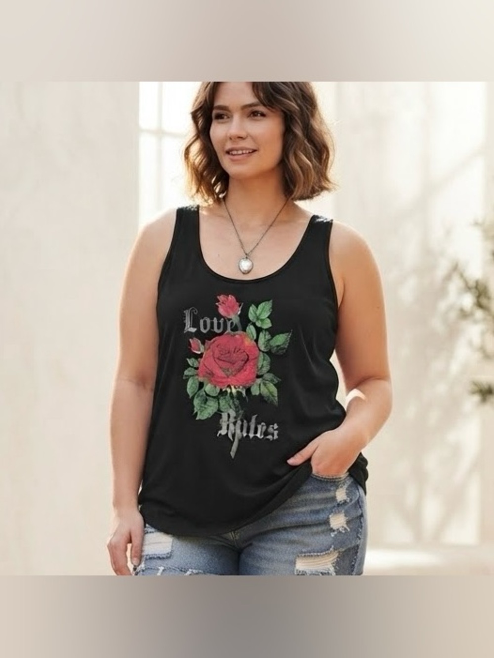 MyStyle Black Rose Graphic Tank Top Size XL Black Cotton Floral Scoop Neck
